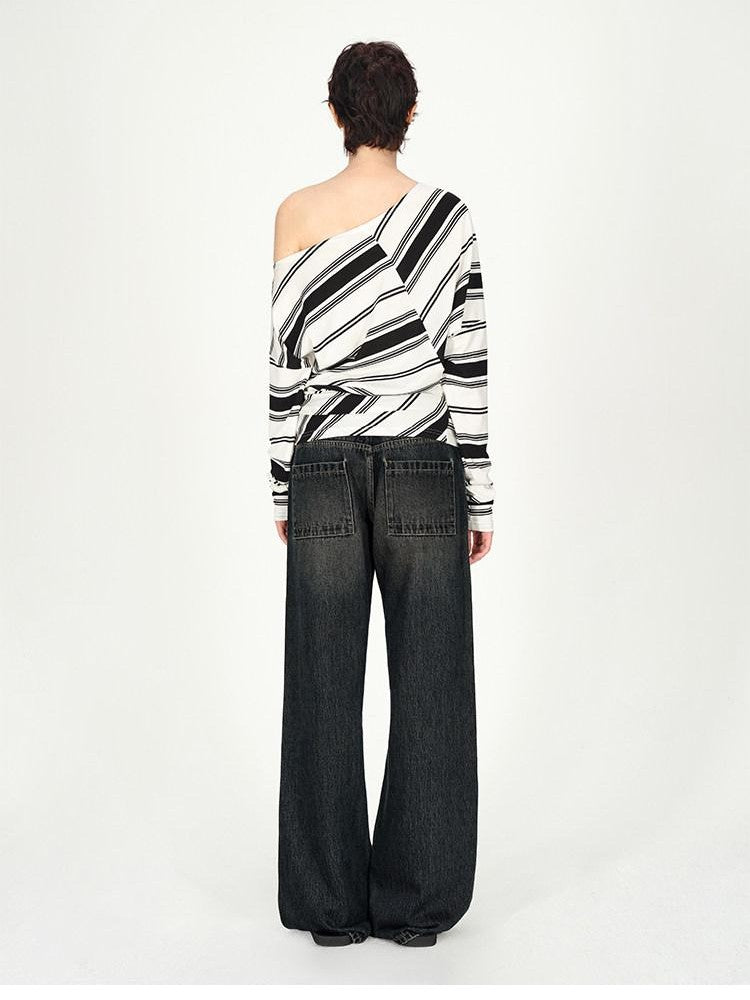 AFTADAWN Striped Asymmetric Off Shoulder Women&