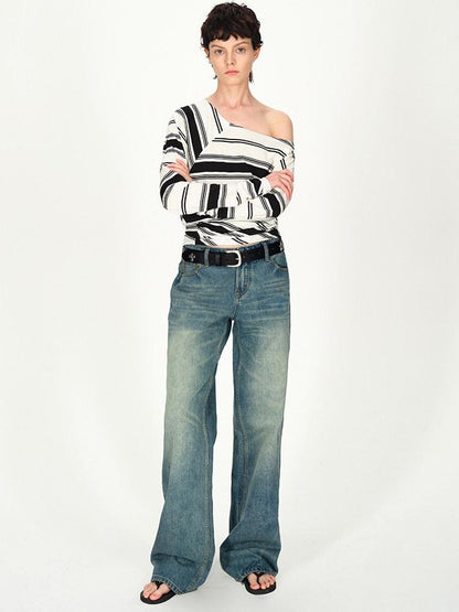 AFTADAWN Striped Asymmetric Off Shoulder Women&