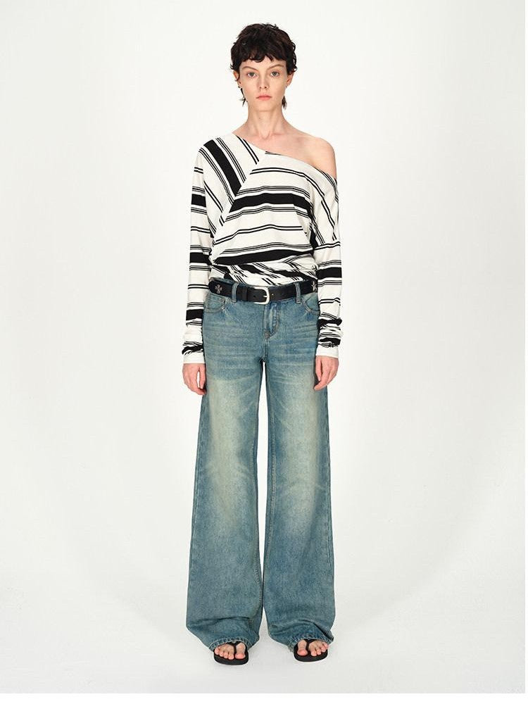 AFTADAWN Striped Asymmetric Off Shoulder Women&