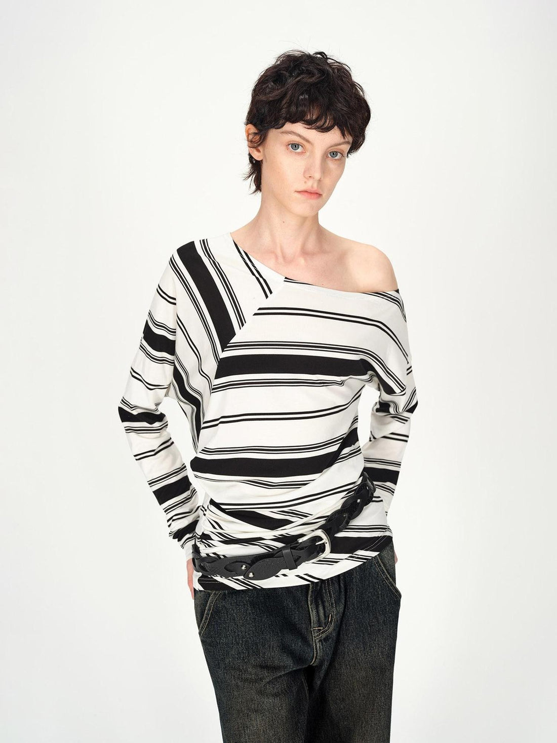 AFTADAWN Striped Asymmetric Off Shoulder Women&