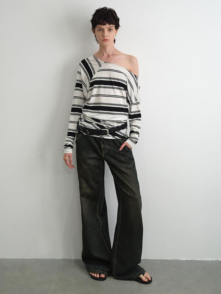 AFTADAWN Striped Asymmetric Off Shoulder Women&
