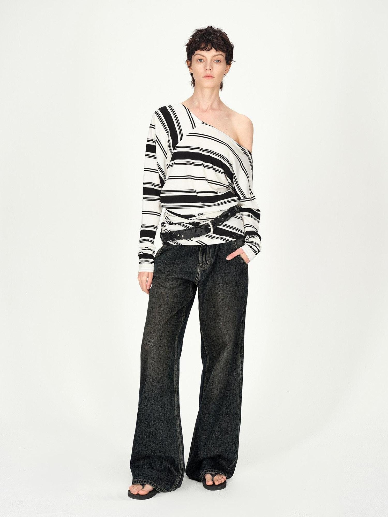 AFTADAWN Striped Asymmetric Off Shoulder Women&