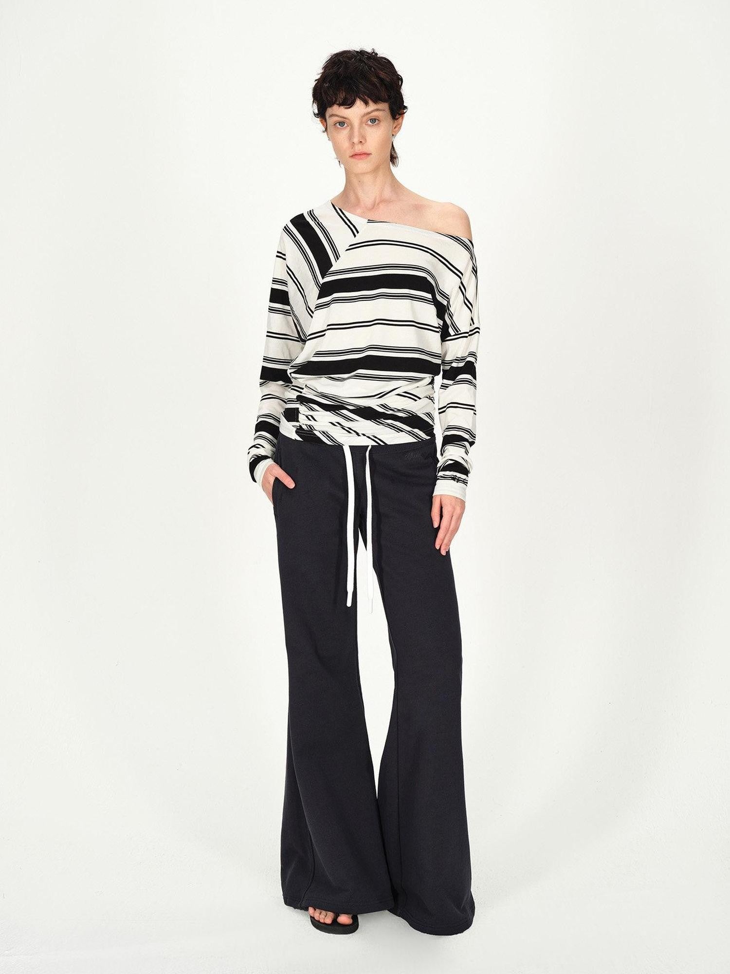 AFTADAWN Striped Asymmetric Off Shoulder Women&