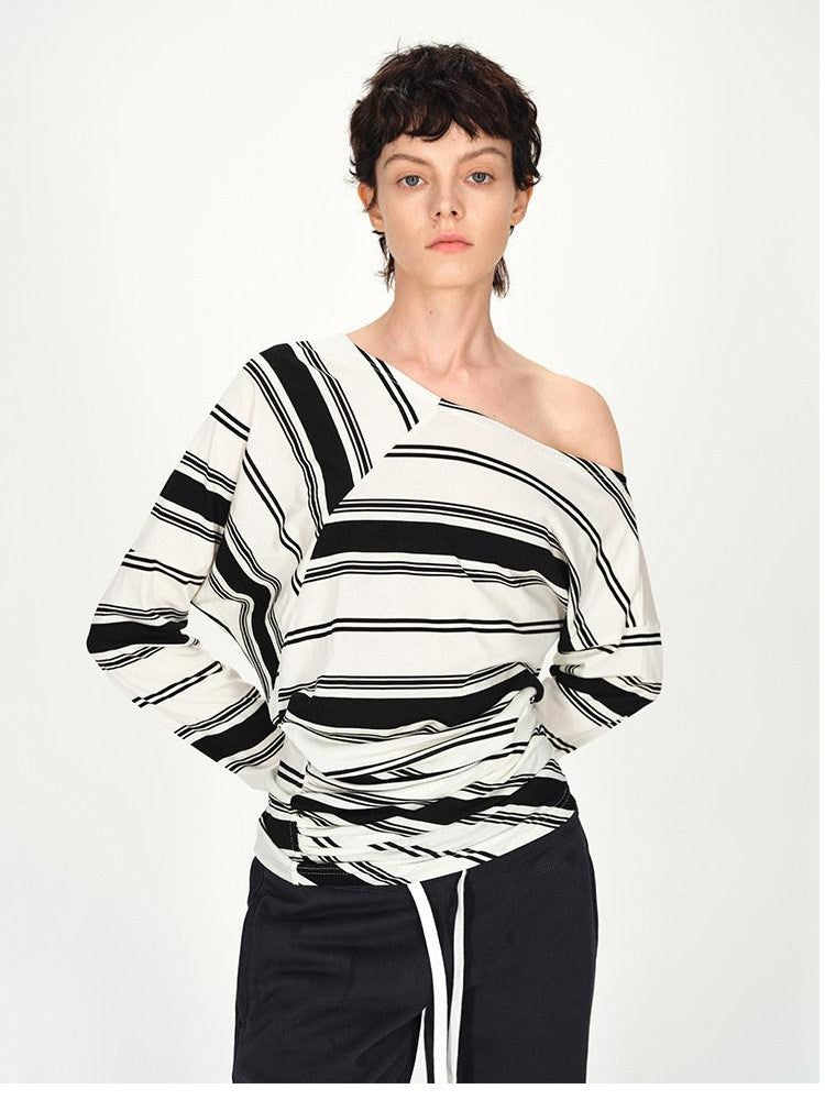 AFTADAWN Striped Asymmetric Off Shoulder Women&
