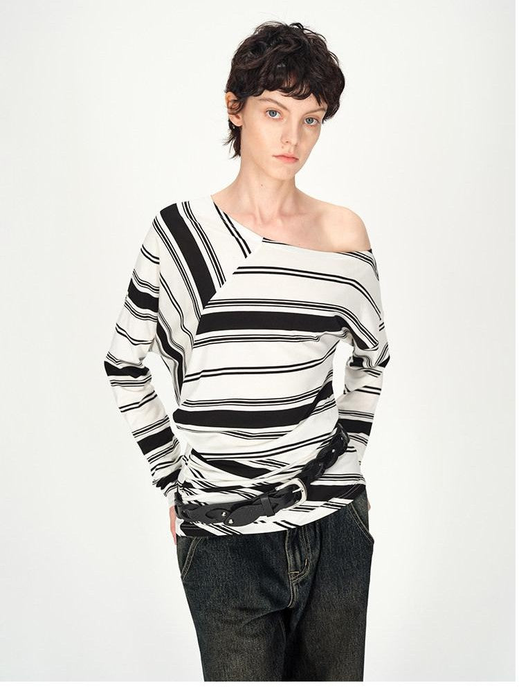 AFTADAWN Striped Asymmetric Off Shoulder Women&