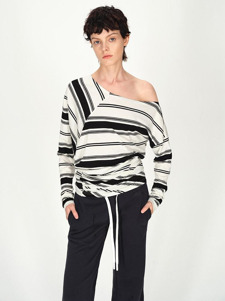 AFTADAWN Striped Asymmetric Off Shoulder Women&