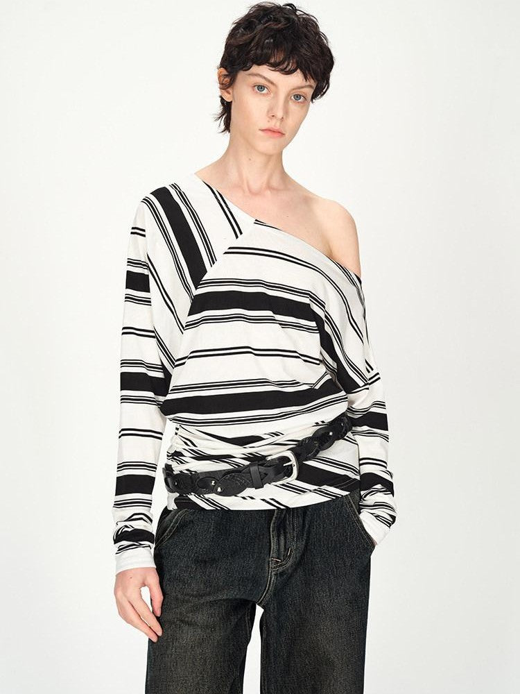 AFTADAWN Striped Asymmetric Off Shoulder Women&