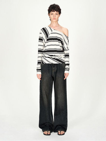 AFTADAWN Striped Asymmetric Off Shoulder Women&