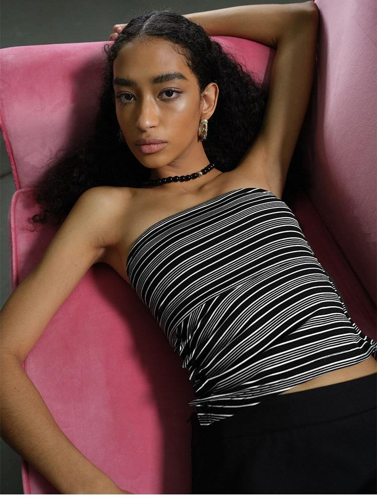 AFTADAWN Striped Asymmetric Ruched Waist Cinched Women&