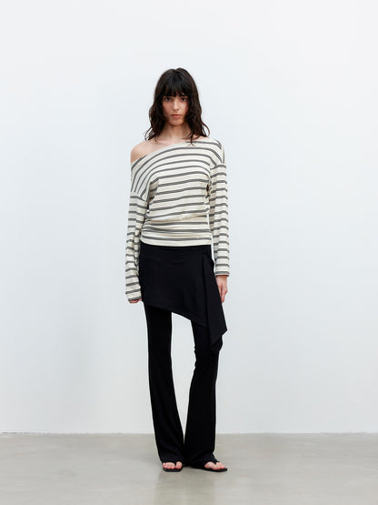 AFTADAWN Striped Asymmetric Shoulder Drop Sleeve Tunic Top
