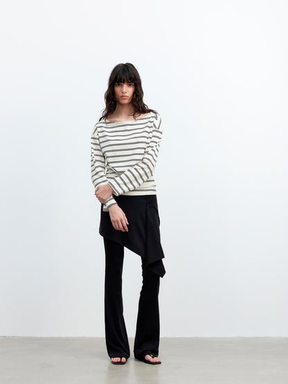 AFTADAWN Striped Asymmetric Shoulder Drop Sleeve Tunic Top