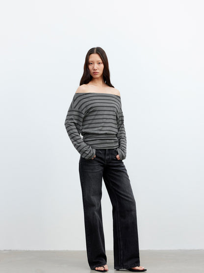 AFTADAWN Striped Asymmetric Shoulder Drop Sleeve Tunic Top