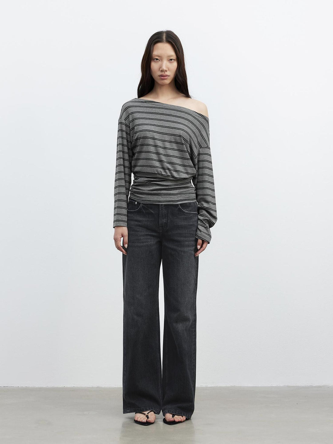 AFTADAWN Striped Asymmetric Shoulder Drop Sleeve Tunic Top