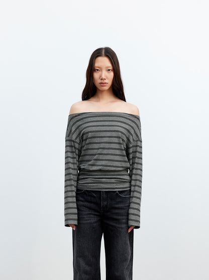 AFTADAWN Striped Asymmetric Shoulder Drop Sleeve Tunic Top