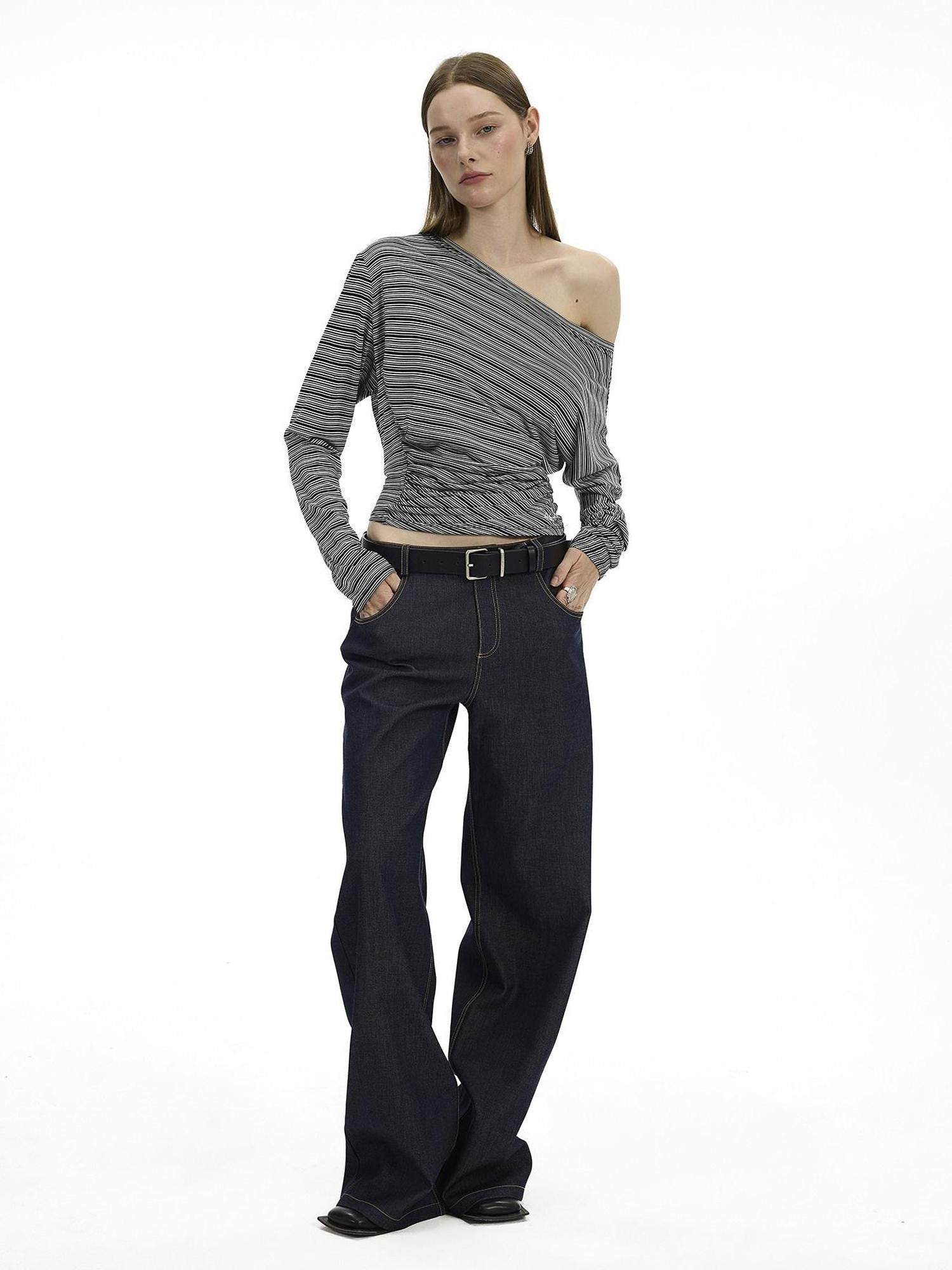 AFTADAWN Striped Asymmetrical One Shoulder Ruched Women&
