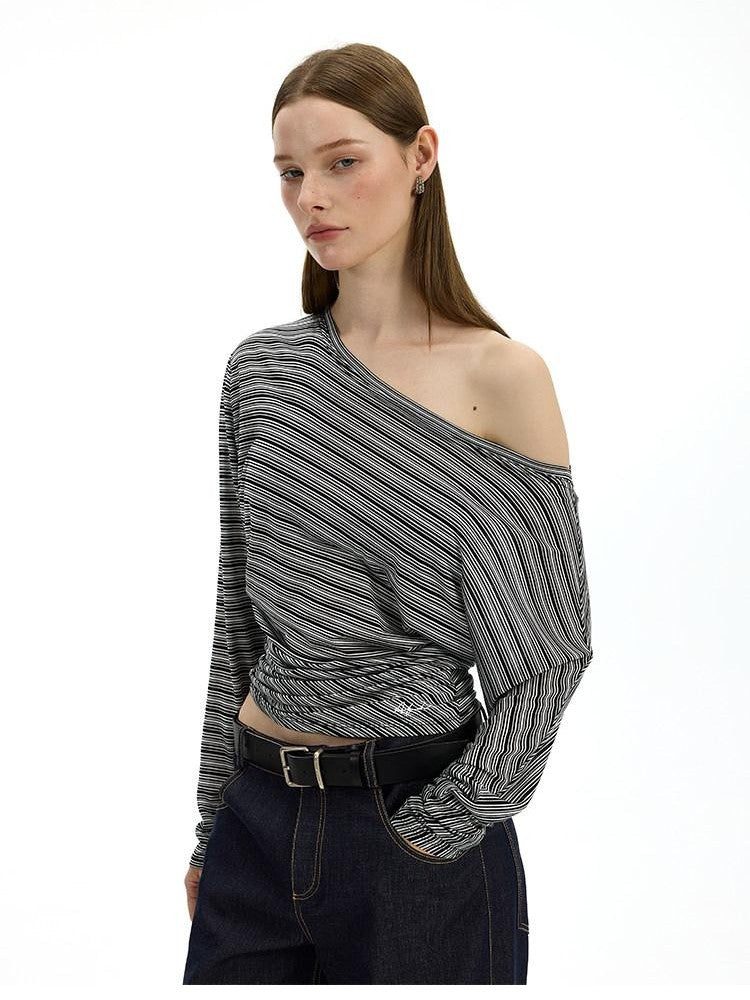 AFTADAWN Striped Asymmetrical One Shoulder Ruched Women&