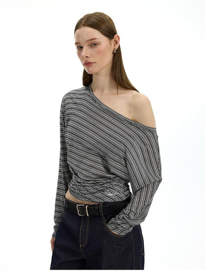 AFTADAWN Striped Asymmetrical One Shoulder Ruched Women&