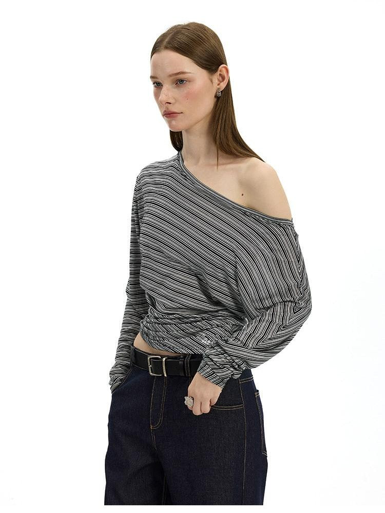 AFTADAWN Striped Asymmetrical One Shoulder Ruched Women&