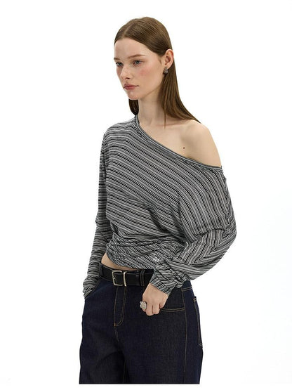 AFTADAWN Striped Asymmetrical One Shoulder Ruched Women&