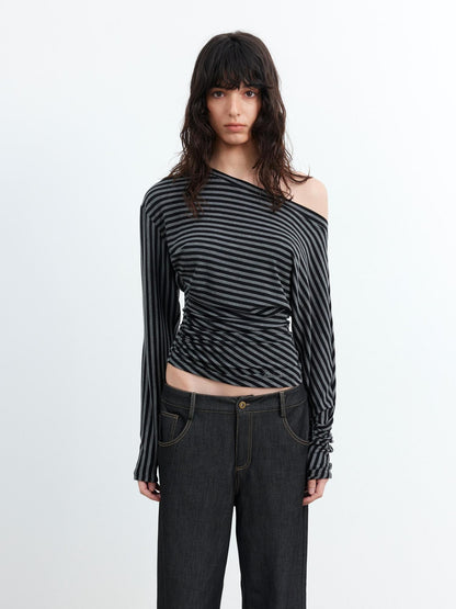 AFTADAWN Striped Asymmetrical One Shoulder Ruched Women&