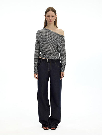 AFTADAWN Striped Asymmetrical One Shoulder Ruched Women&