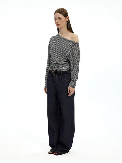AFTADAWN Striped Asymmetrical One Shoulder Ruched Women&