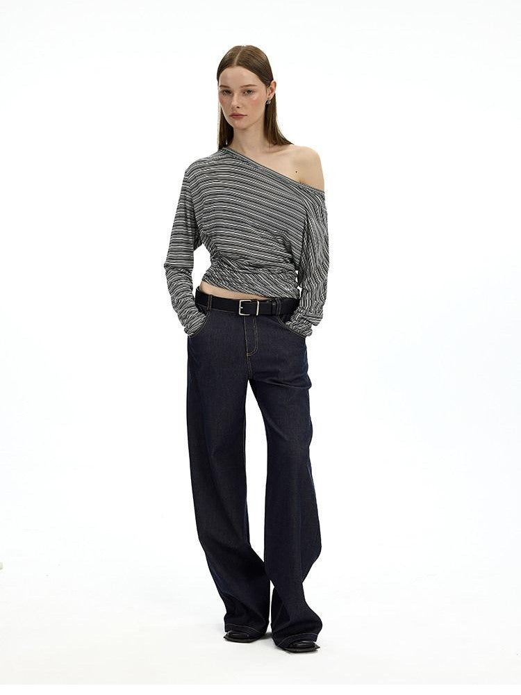AFTADAWN Striped Asymmetrical One Shoulder Ruched Women&