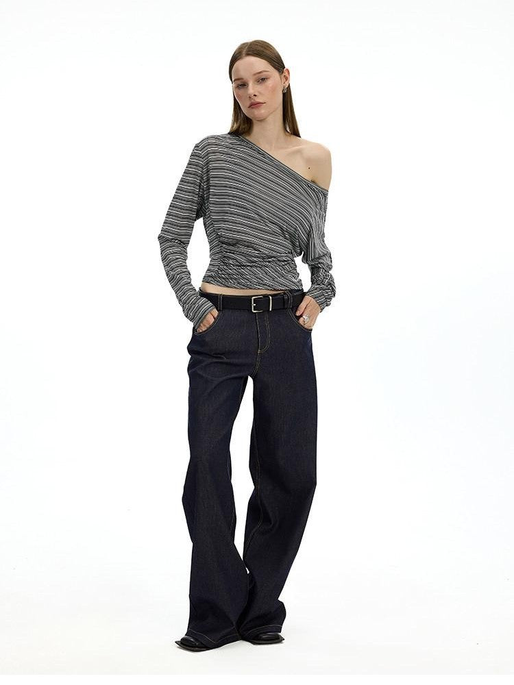 AFTADAWN Striped Asymmetrical One Shoulder Ruched Women&