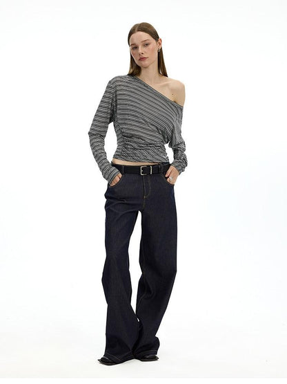 AFTADAWN Striped Asymmetrical One Shoulder Ruched Women&