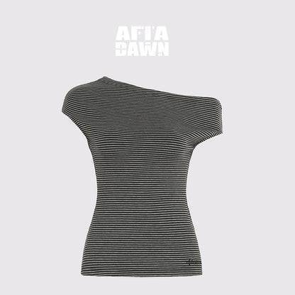 AFTADAWN_Striped_Asymmetrical_Shoulder_Cinched_Waist_Women&