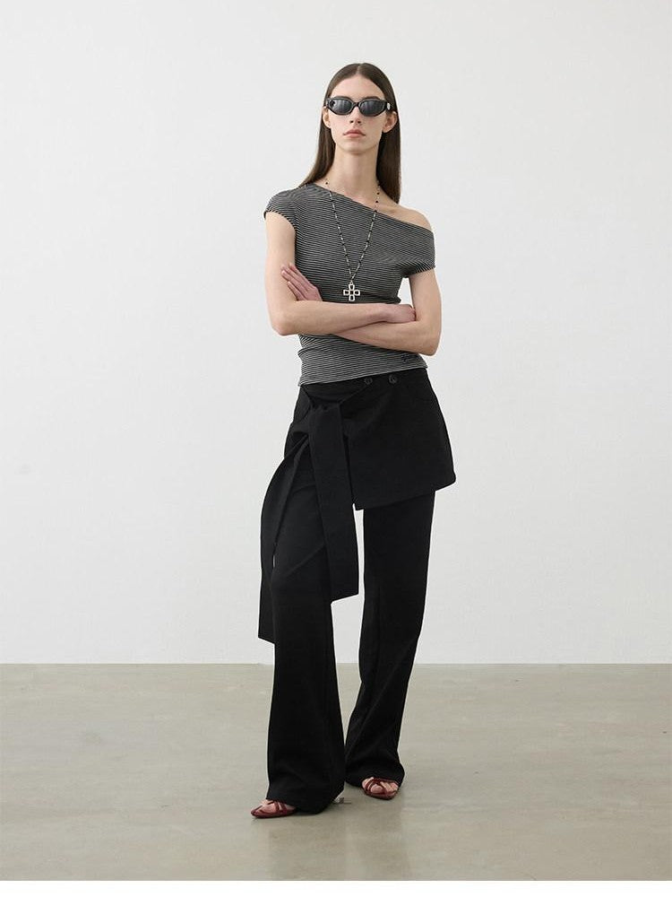 AFTADAWN Striped Asymmetrical Shoulder Cinched Waist Women&