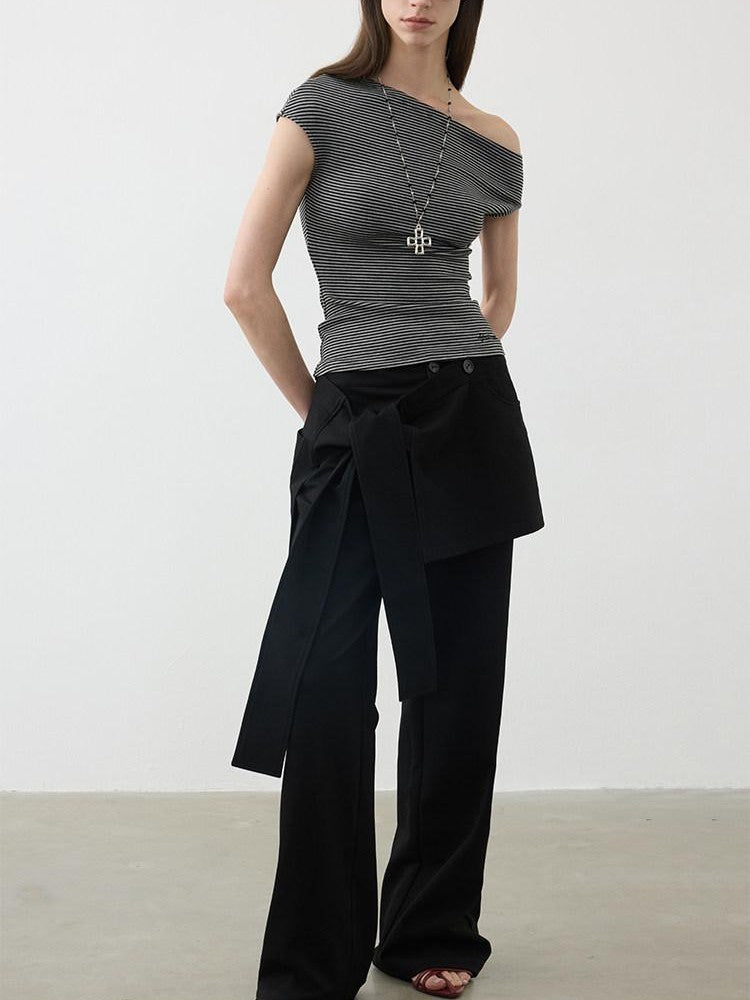 AFTADAWN Striped Asymmetrical Shoulder Cinched Waist Women&