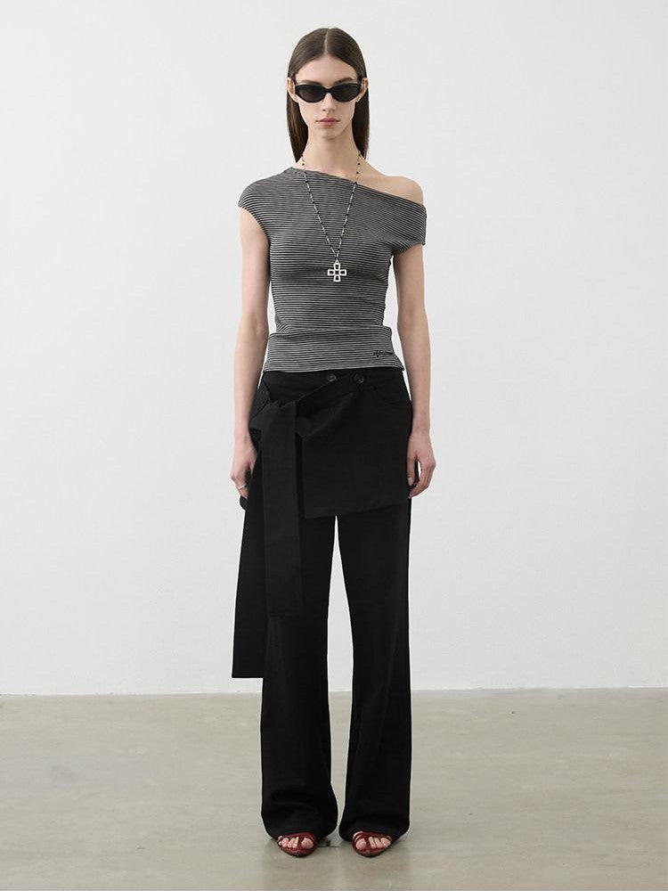 AFTADAWN Striped Asymmetrical Shoulder Cinched Waist Women&