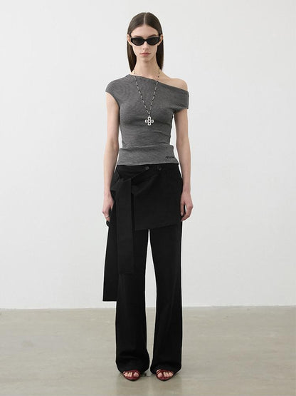 AFTADAWN Striped Asymmetrical Shoulder Cinched Waist Women&