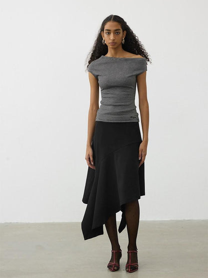 AFTADAWN Striped Asymmetrical Shoulder Cinched Waist Women&