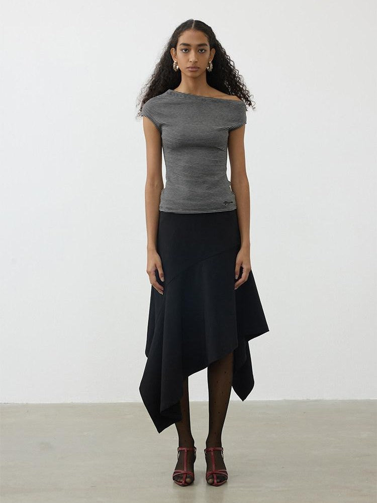 AFTADAWN Striped Asymmetrical Shoulder Cinched Waist Women&
