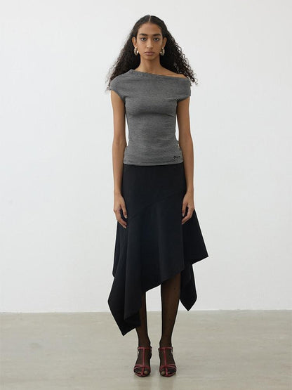 AFTADAWN Striped Asymmetrical Shoulder Cinched Waist Women&