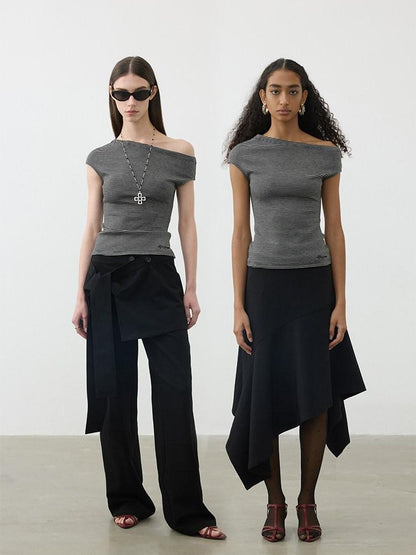 AFTADAWN Striped Asymmetrical Shoulder Cinched Waist Women&
