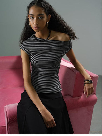 AFTADAWN Striped Asymmetrical Shoulder Cinched Waist Women&
