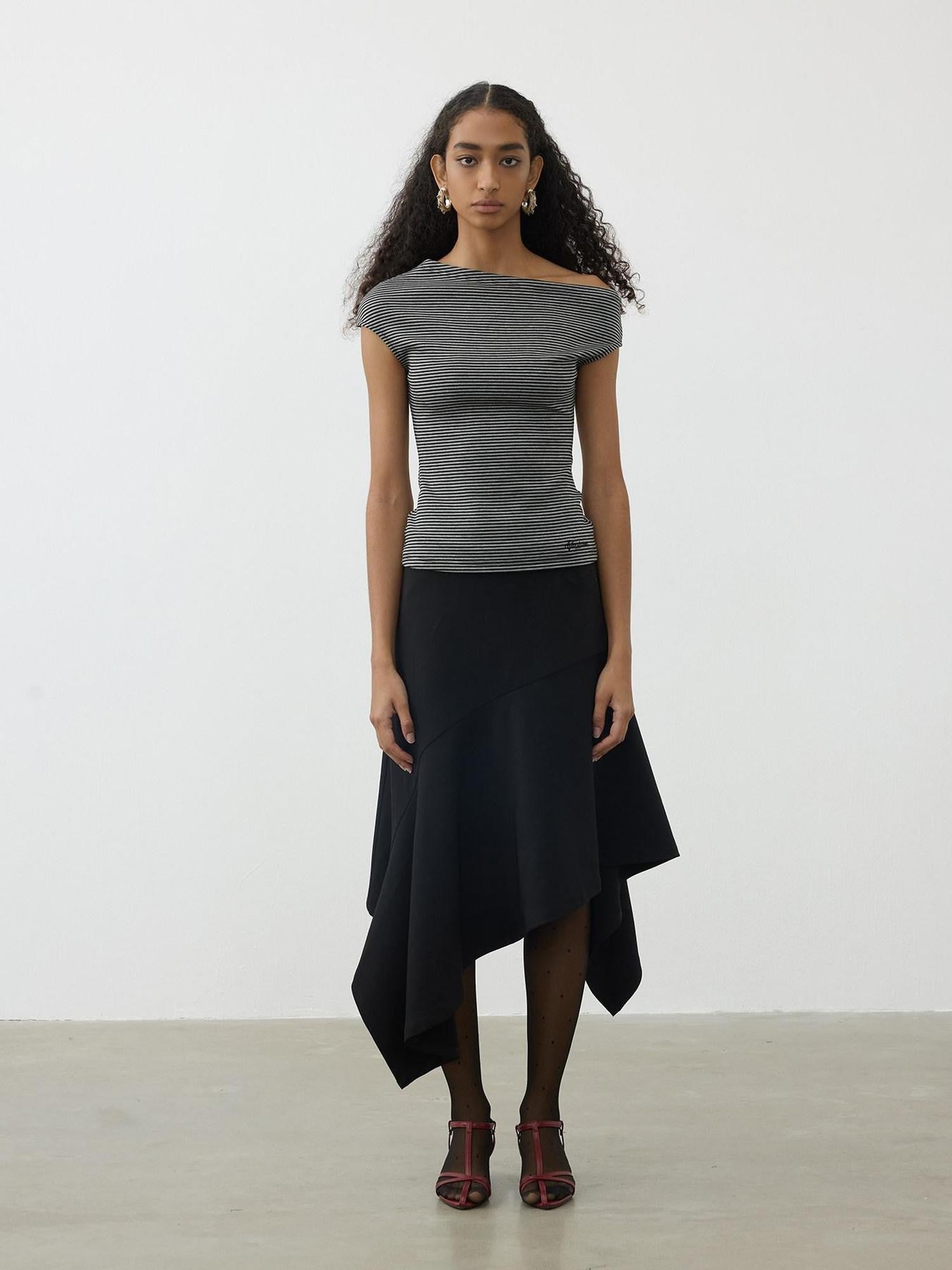AFTADAWN Striped Asymmetrical Shoulder Cinched Waist Women&