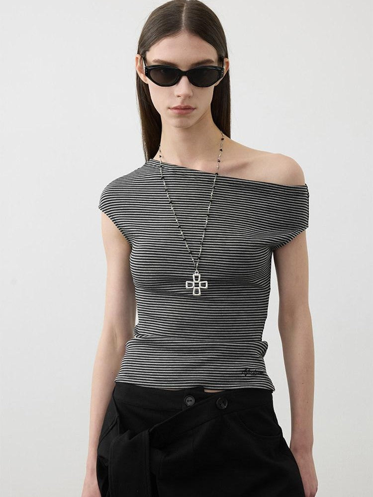 AFTADAWN Striped Asymmetrical Shoulder Cinched Waist Women&