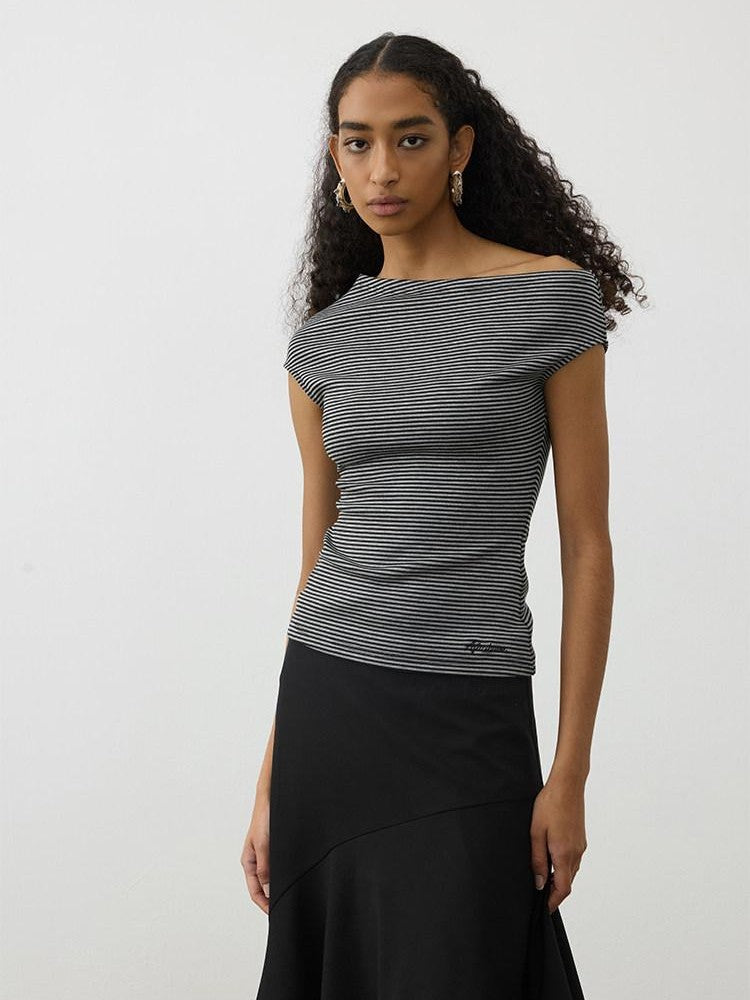 AFTADAWN Striped Asymmetrical Shoulder Cinched Waist Women&
