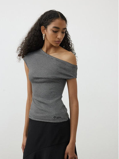 AFTADAWN Striped Asymmetrical Shoulder Cinched Waist Women&