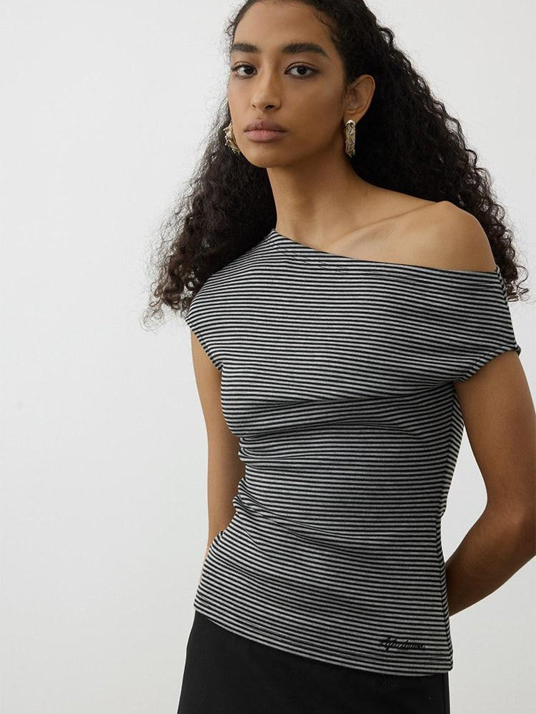 AFTADAWN Striped Asymmetrical Shoulder Cinched Waist Women&