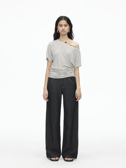 AFTADAWN Striped Beaded Halter Asymmetric Women&