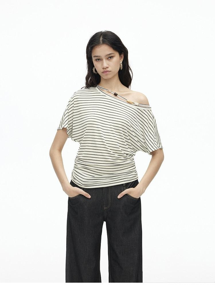 AFTADAWN Striped Beaded Halter Asymmetric Women&
