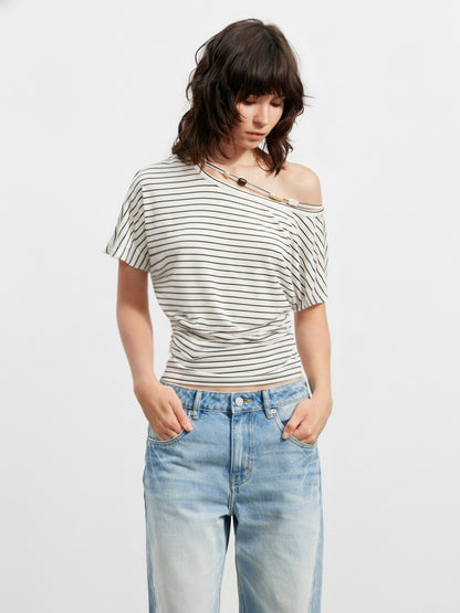 AFTADAWN Striped Beaded Pleated Asymmetric Halter Women&