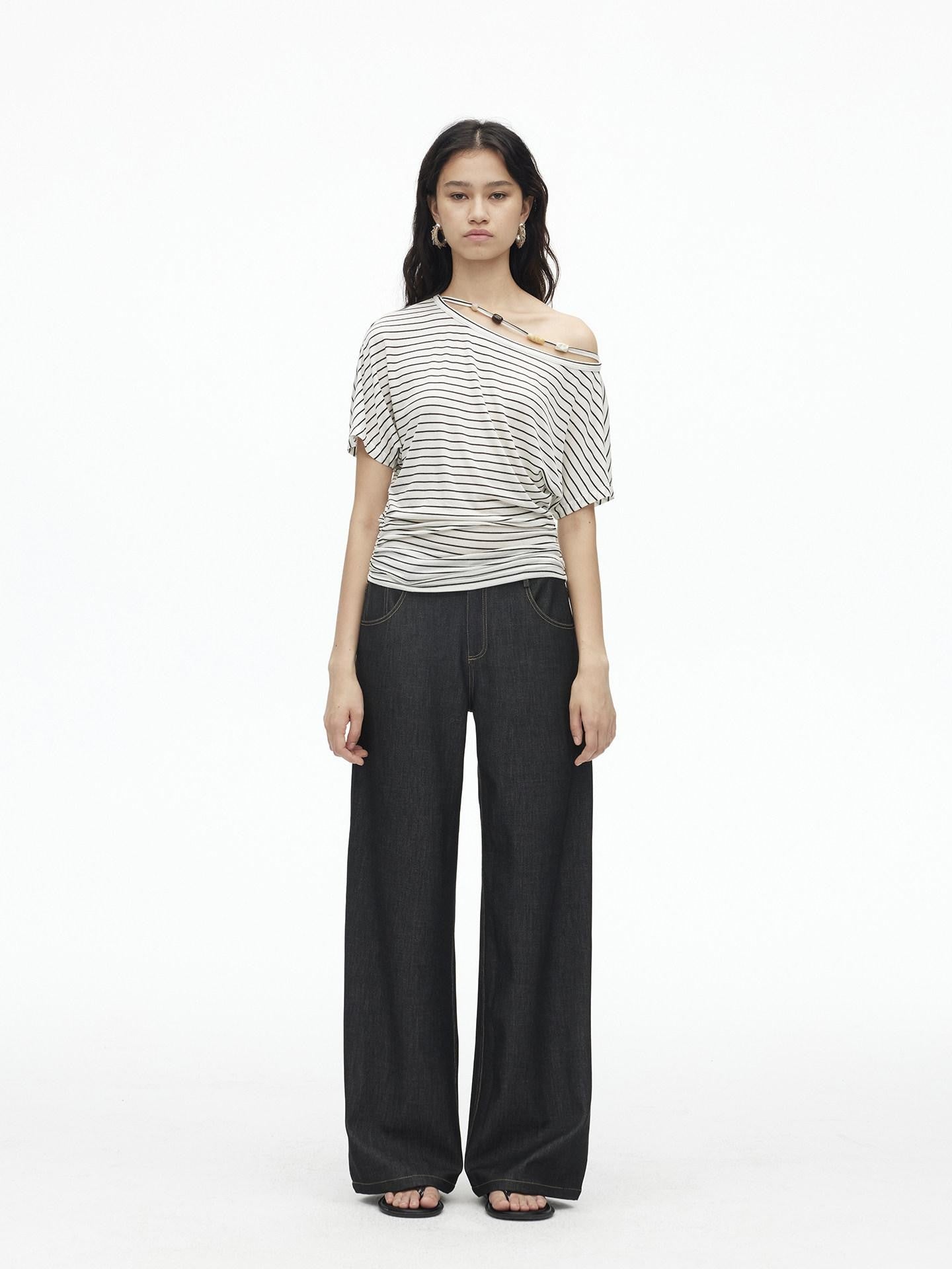 AFTADAWN Striped Beaded Pleated Asymmetric Halter Women&