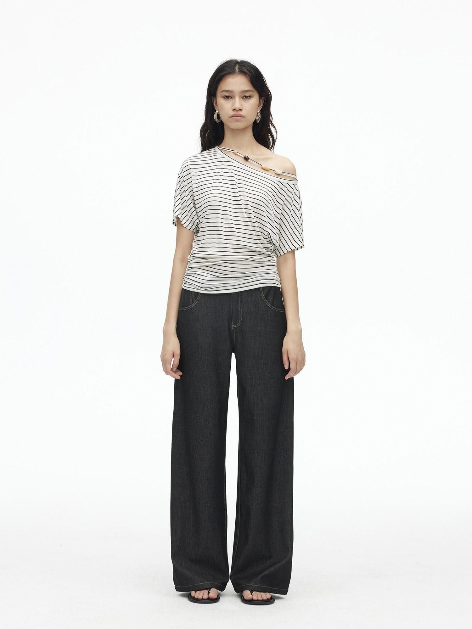AFTADAWN Striped Beaded Pleated Asymmetric Halter Women&