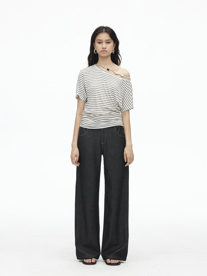 AFTADAWN Striped Beaded Pleated Asymmetric Halter Women&
